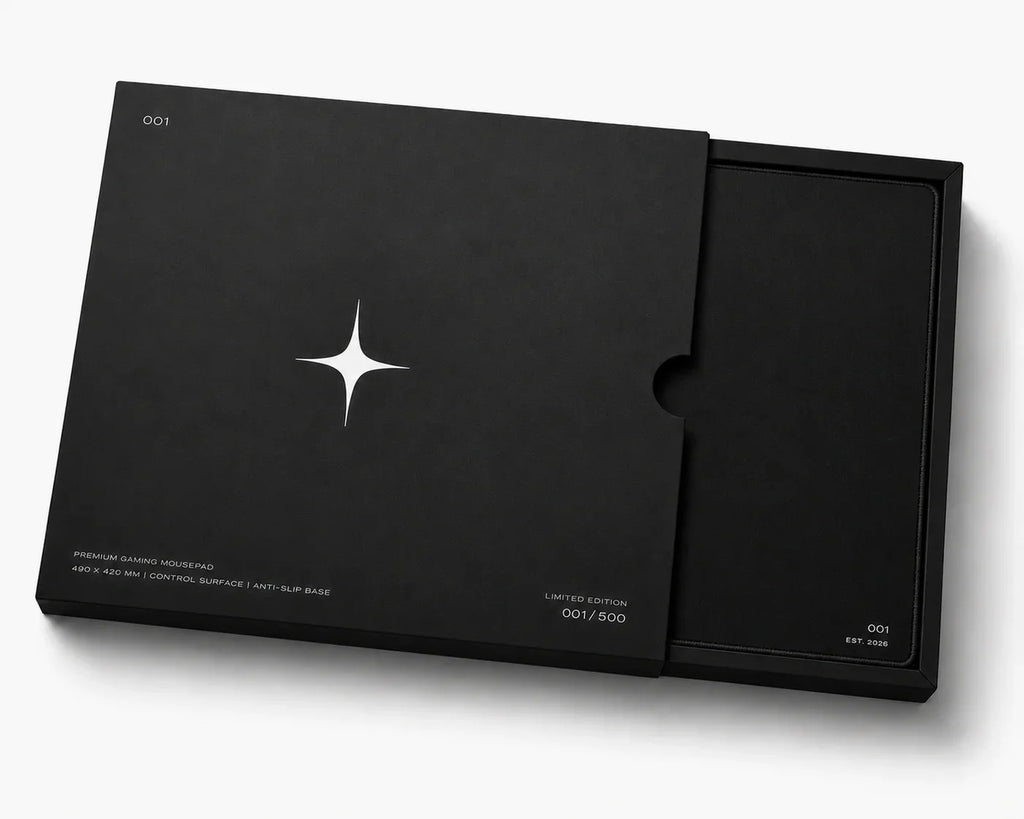 Limited edition premium gaming mousepad in sleek black box, numbered 001/500 with star logo